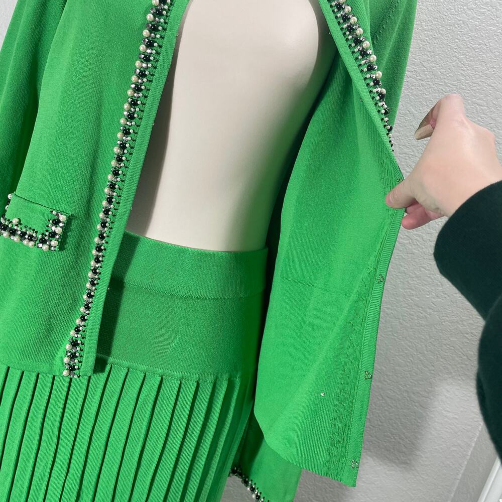 MTWT 9-5 Green Jeweled Knit Sweater Skirt Set Retro Academia Women's Small - Picture 9 of 11